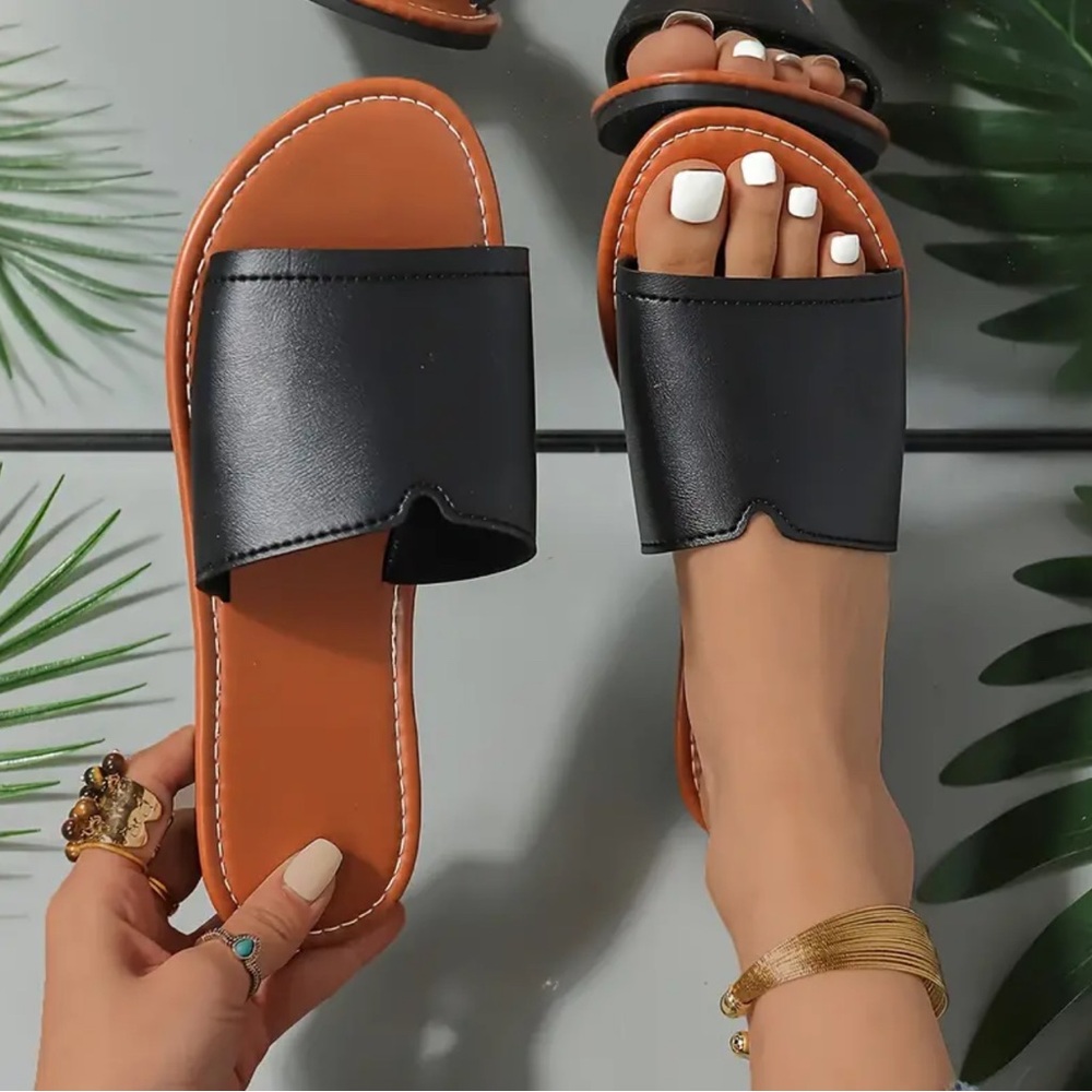 Black Solid Color Slide Sandals, Casual Open Toe Flat Summer Shoes